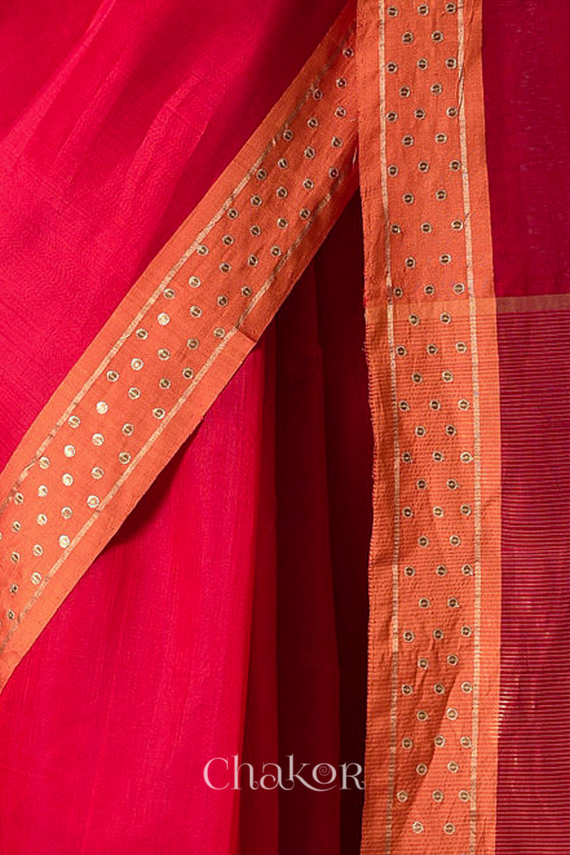 Chakor's Embroidered Red Orange Chanderi silk cotton saree with sequins.