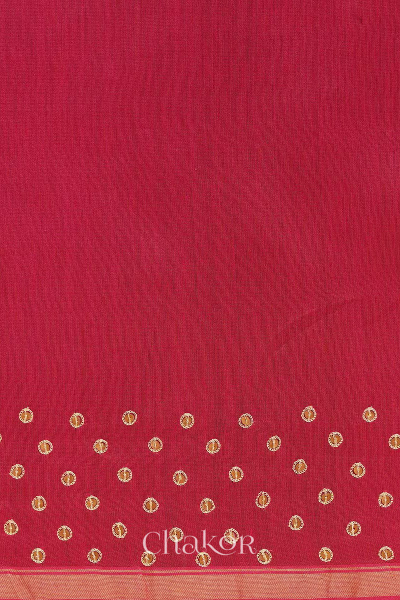 Detail of unstitched blouse piece and scattered sequin embroidery on yellow pink Chanderi silk cotton saree.

