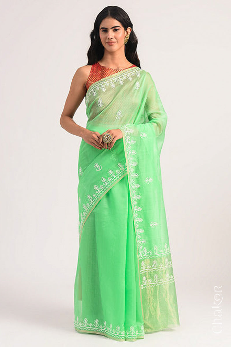 Full-length view of sea green Chanderi silk cotton saree draped to show handloom texture and embroidery.
