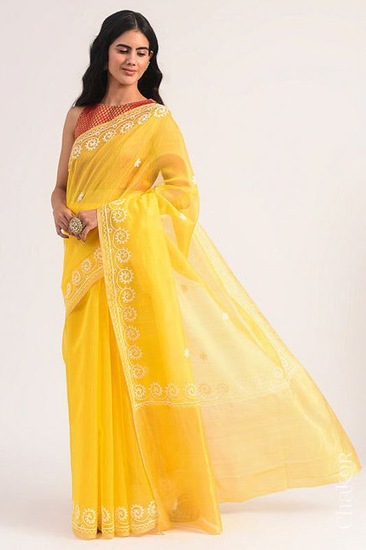 Model wearing a yellow Chanderi silk cotton saree with tissue pallu and aari embroidered borders.
