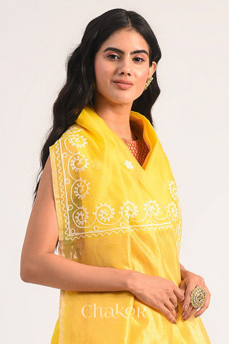 Front close view of yellow Chanderi silk cotton saree highlighting aari embroidery details.
