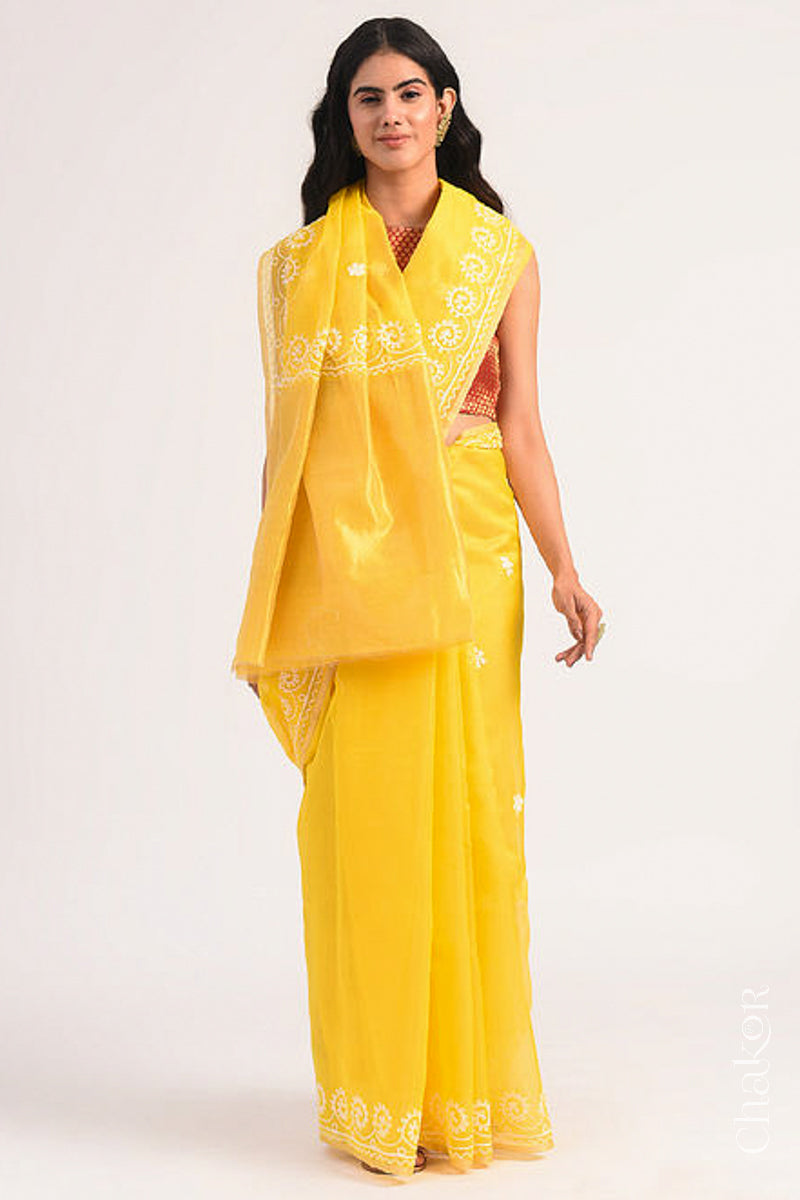 Full-length view of yellow Chanderi silk cotton saree draped to show handloom texture and embroidery.
