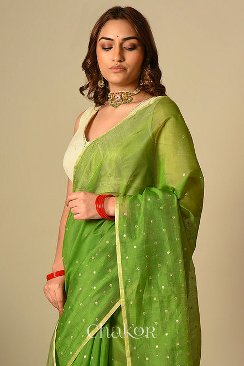 Chakor's Embroidered Mehendi Chanderi silk cotton saree with sequins and mukaish.