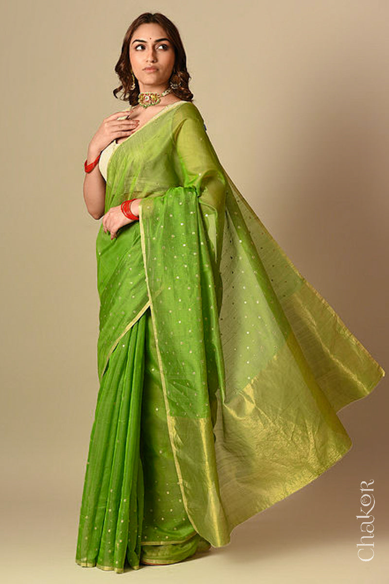 Chakor's Embroidered Mehendi Chanderi silk cotton saree with sequins and mukaish.