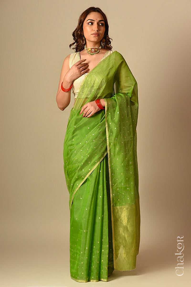 Chakor's Embroidered Mehendi Chanderi silk cotton saree with sequins and mukaish.