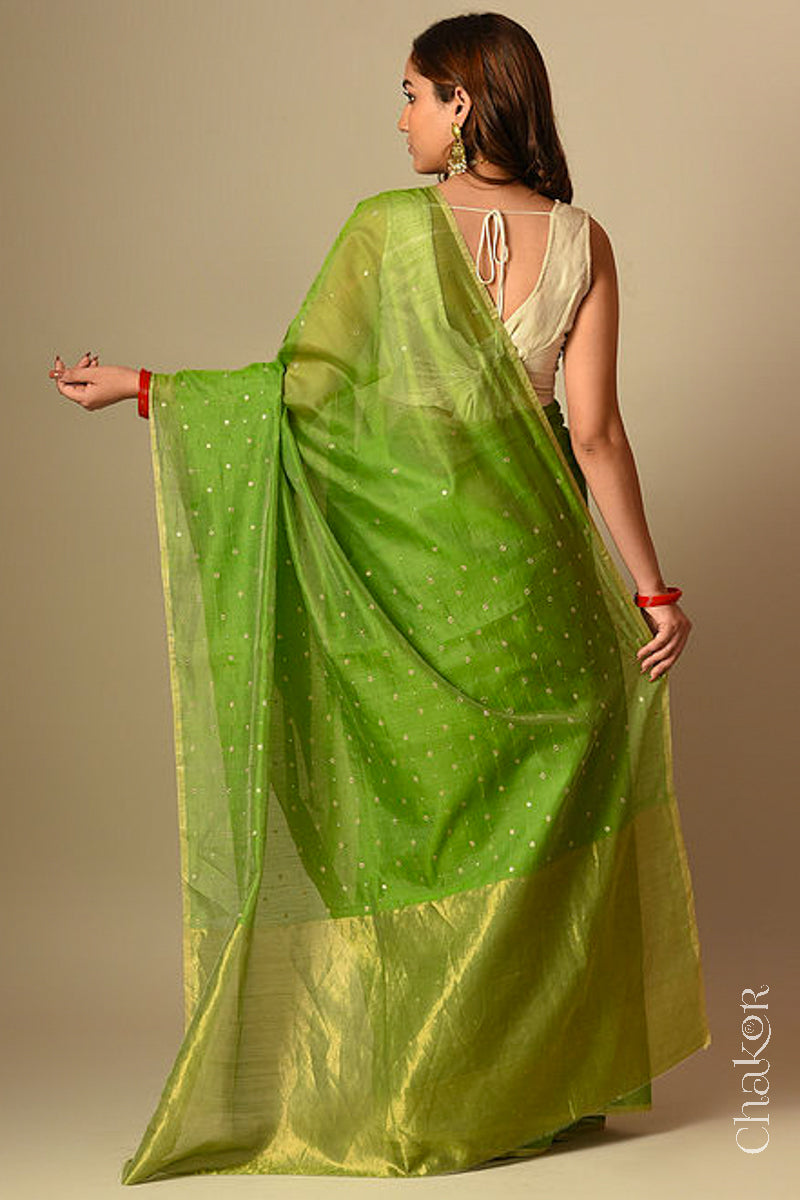 Chakor's Embroidered Mehendi Chanderi silk cotton saree with sequins and mukaish.