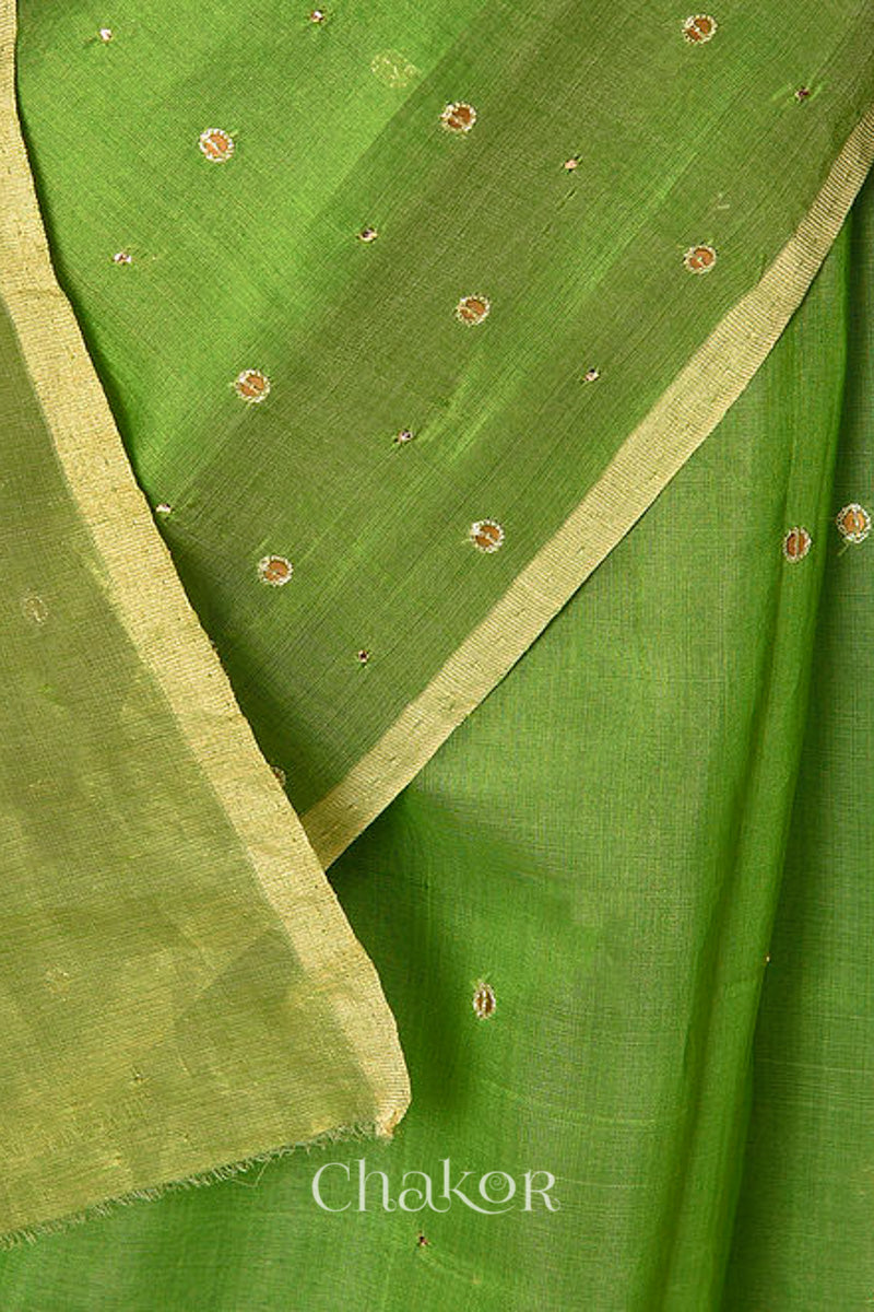 Chakor's Embroidered Mehendi Chanderi silk cotton saree with sequins and mukaish.