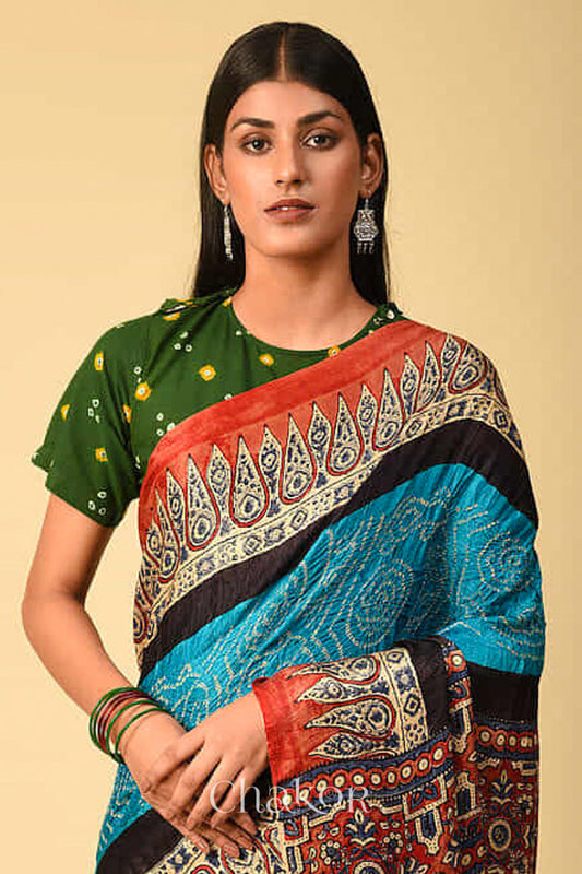Chakor's traditional Blue Red Bandhani Ajrakh saree.