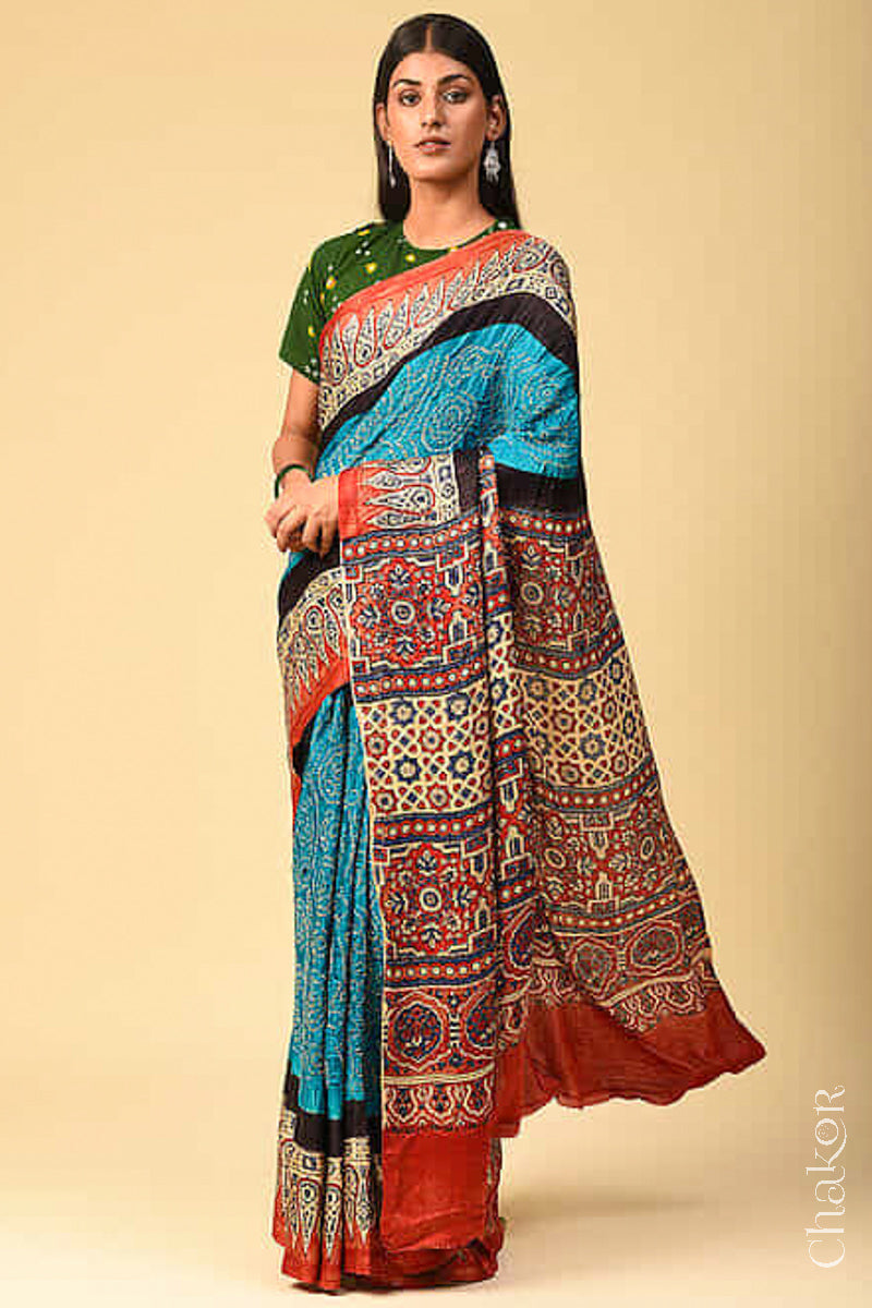 Chakor's traditional Blue Red Bandhani Ajrakh saree.