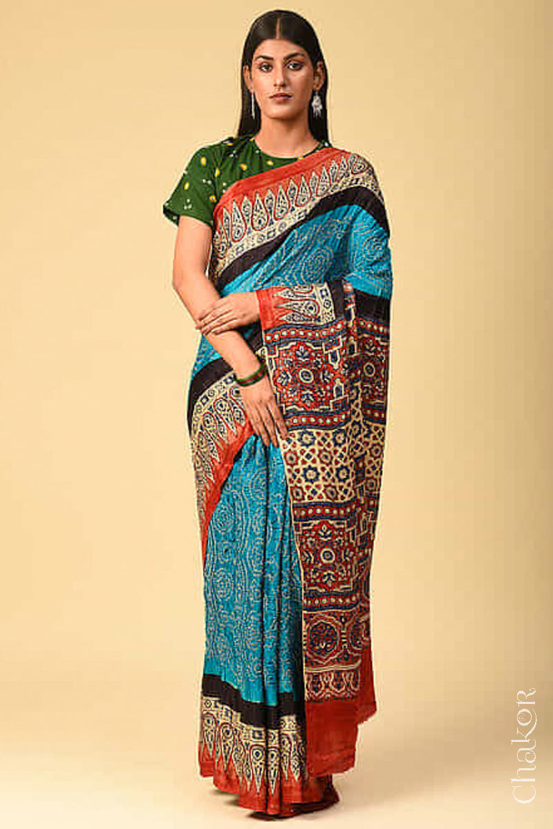 Chakor's traditional Blue Red Bandhani Ajrakh saree.