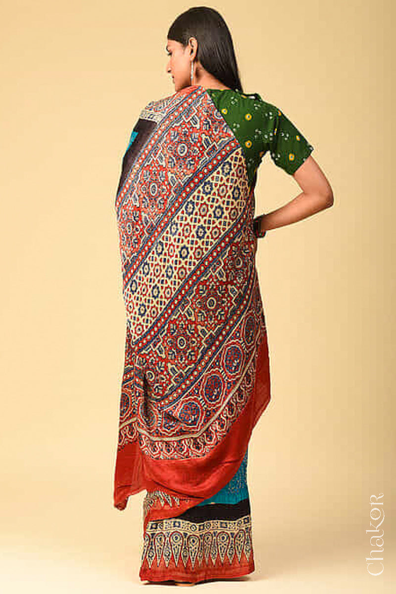 Chakor's traditional Blue Red Bandhani Ajrakh saree.