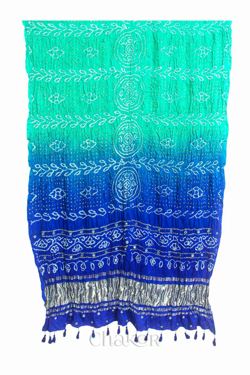 Sea Green Blue Ombre Bandhani Gaji Silk Dupatta