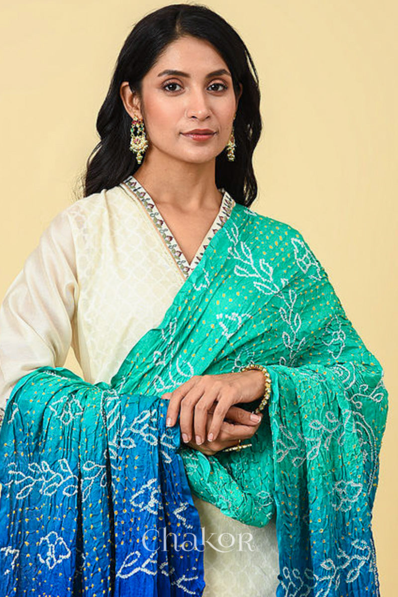 Sea Green Blue Ombre Bandhani Gaji Silk Dupatta