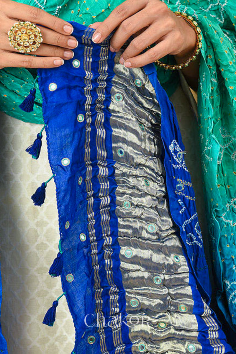 Sea Green Blue Ombre Bandhani Gaji Silk Dupatta