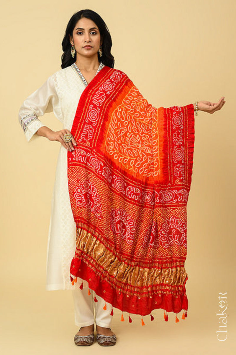 Orange Red Bandhani Gaji Silk Dupatta