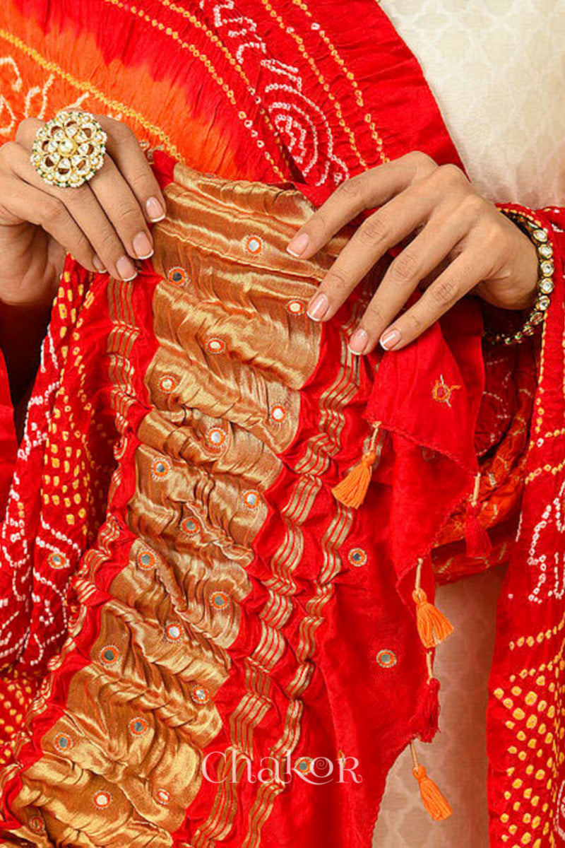 Orange Red Bandhani Gaji Silk Dupatta