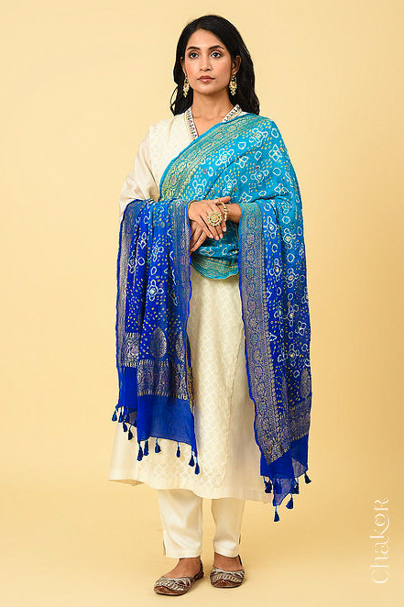Blue Ombre Bandhani Banarasi Silk Dupatta