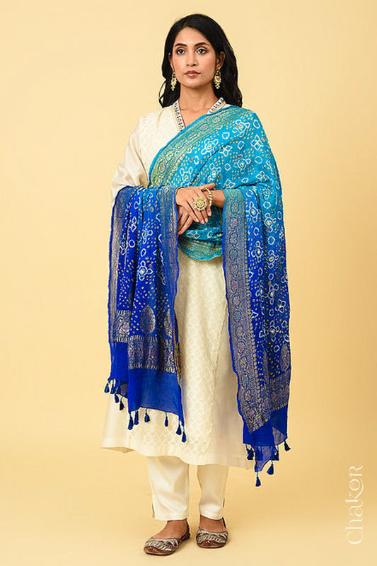 Blue Ombre Bandhani Banarasi Silk Dupatta