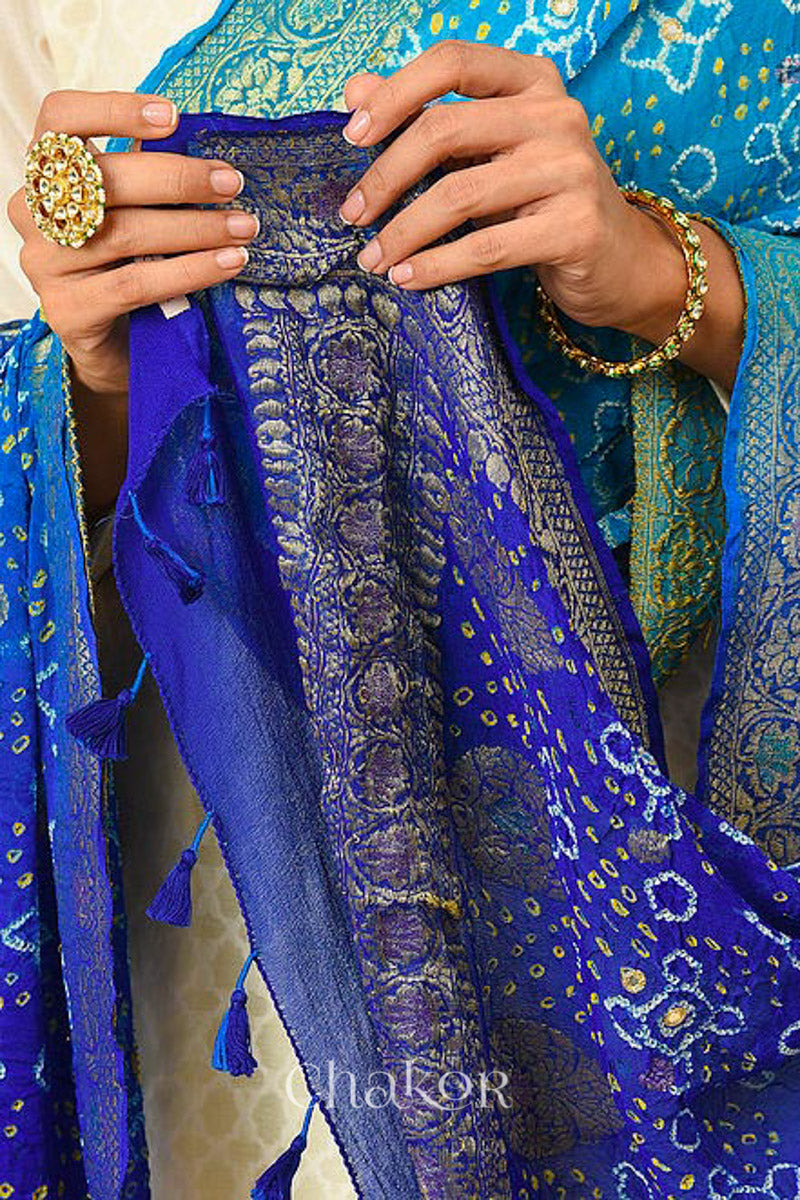 Blue Ombre Bandhani Banarasi Silk Dupatta
