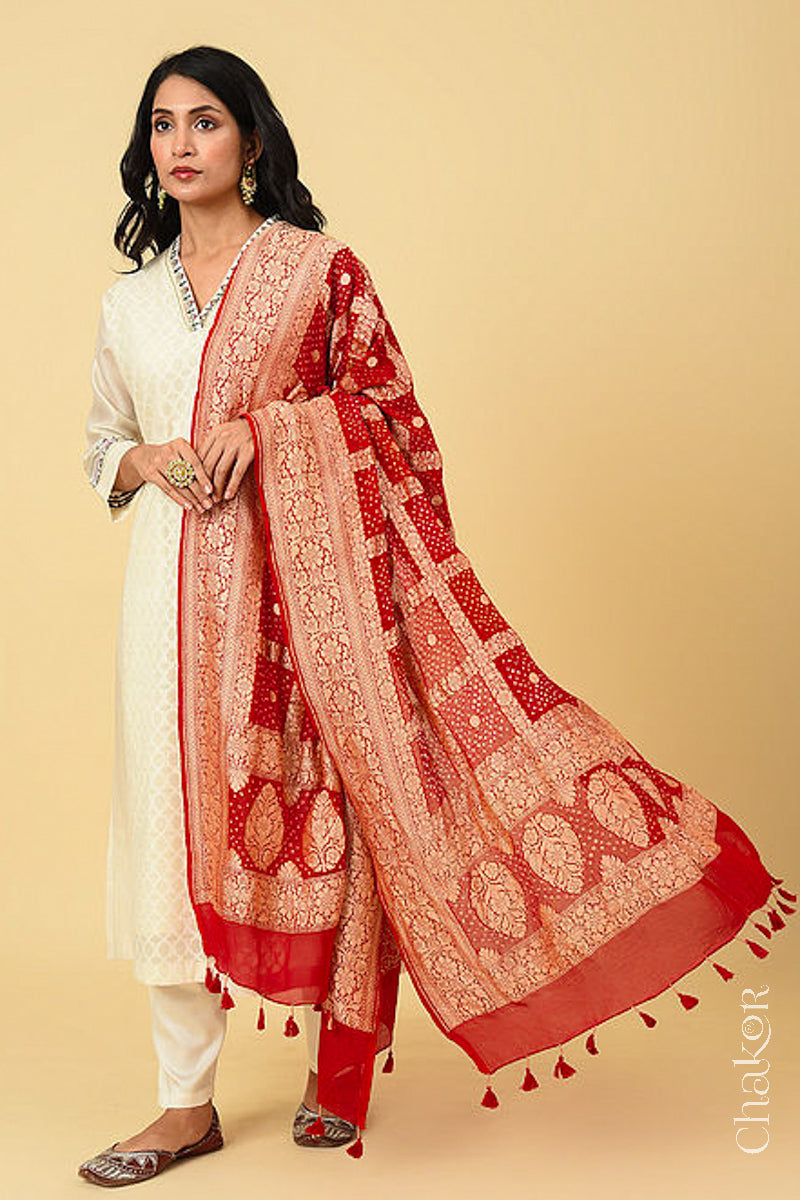 Red Gharchola Bandhani Banarasi Silk Dupatta