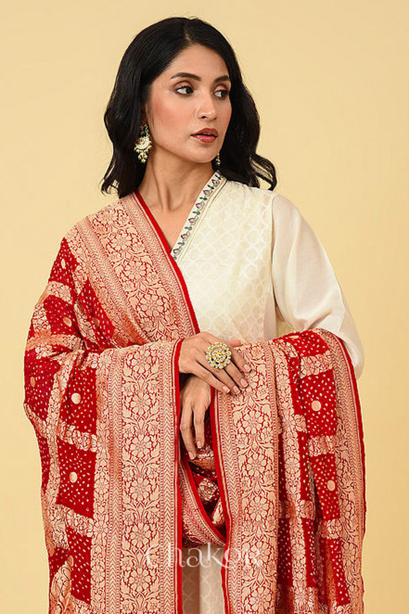 Red Gharchola Bandhani Banarasi Silk Dupatta
