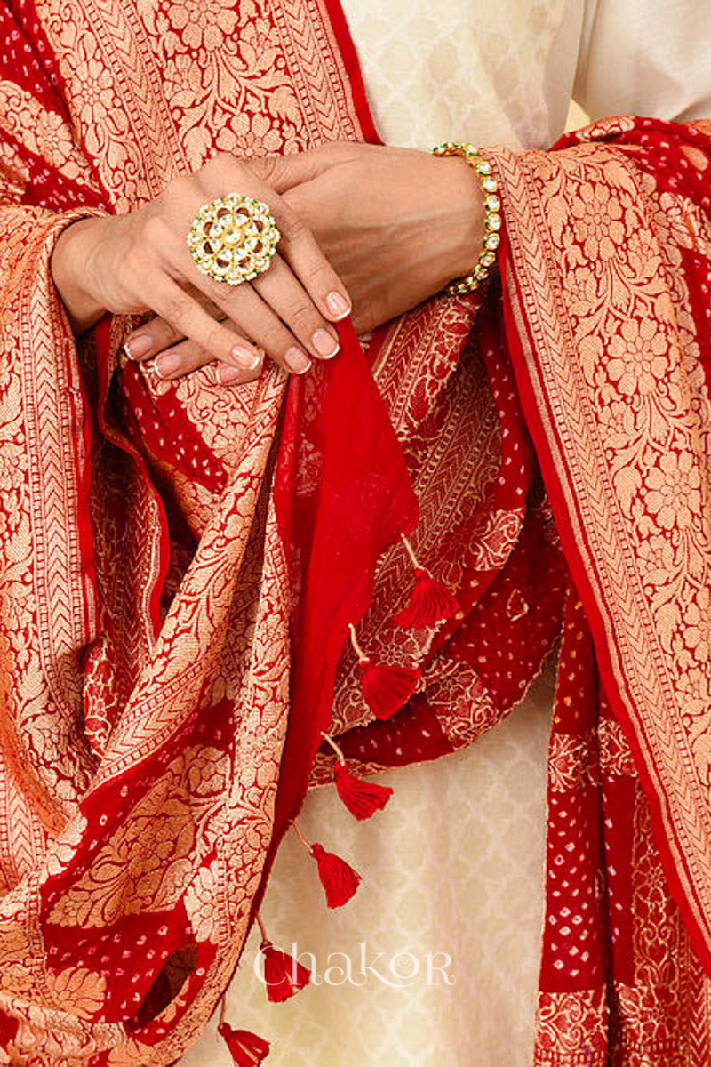 Red Gharchola Bandhani Banarasi Silk Dupatta