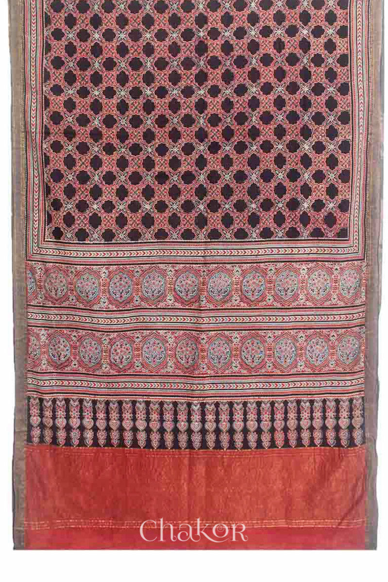 Chakor's Natural Dyed Madder Red Black Ajrakh Printed Mangalgiri Cotton Handloom Saree.