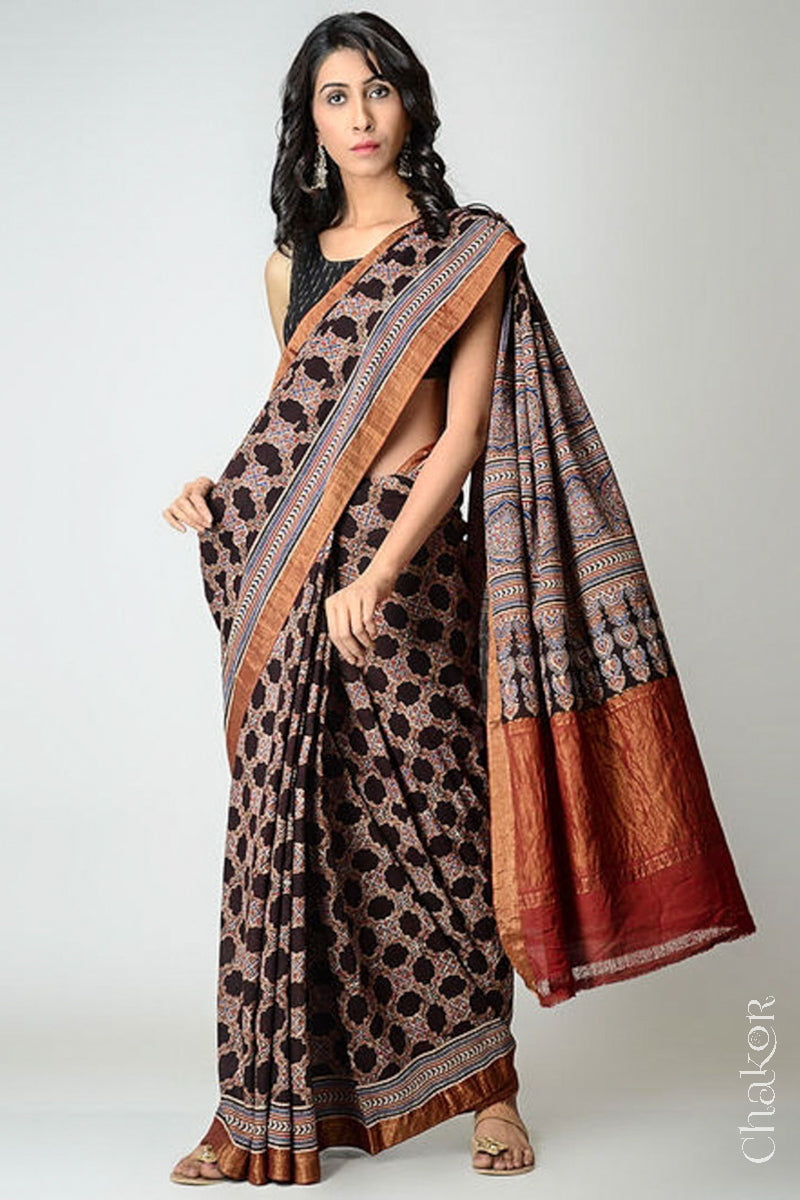 Chakor's Natural Dyed Madder Red Black Ajrakh Printed Mangalgiri Cotton Handloom Saree.