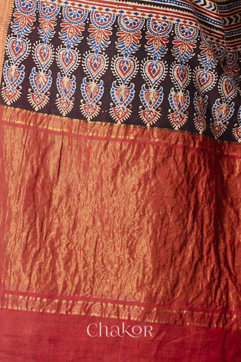 Chakor's Natural Dyed Madder Red Black Ajrakh Printed Mangalgiri Cotton Handloom Saree.