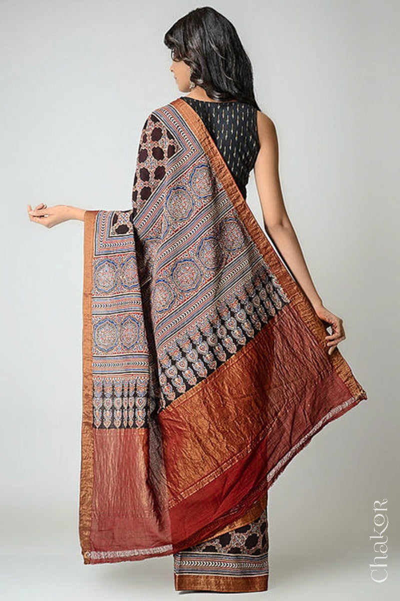 Chakor's Natural Dyed Madder Red Black Ajrakh Printed Mangalgiri Cotton Handloom Saree.