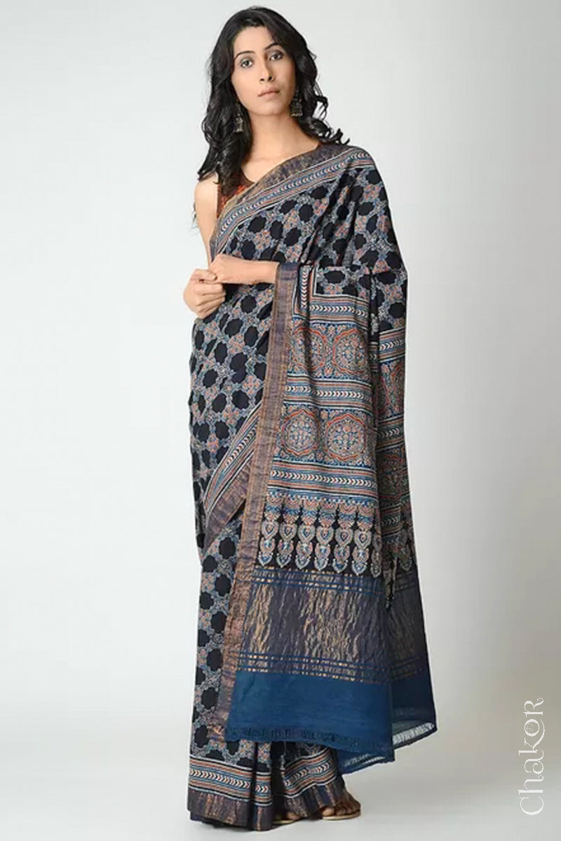 Chakor's Natural Dyed Indigo Black Ajrakh Printed Mangalgiri Cotton Handloom Saree.