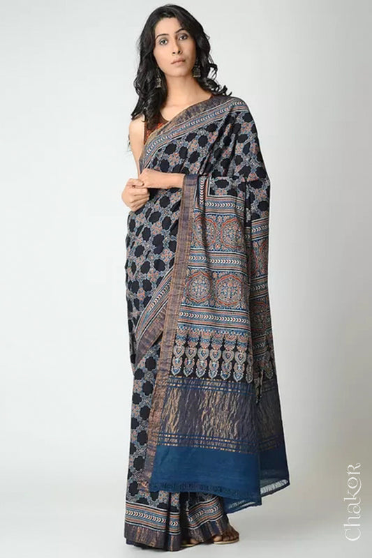 Chakor's Natural Dyed Indigo Black Ajrakh Printed Mangalgiri Cotton Handloom Saree.