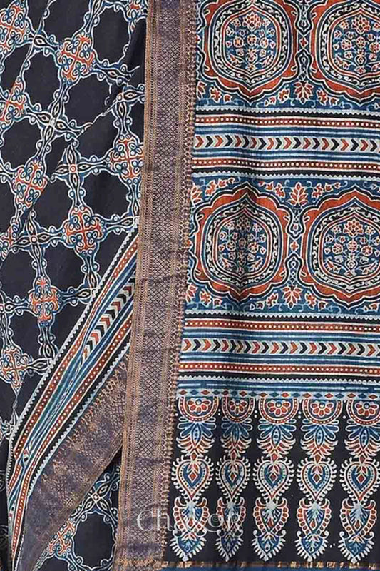 Chakor's Natural Dyed Indigo Black Ajrakh Printed Mangalgiri Cotton Handloom Saree.