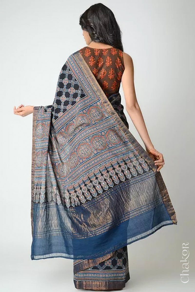 Chakor's Natural Dyed Indigo Black Ajrakh Printed Mangalgiri Cotton Handloom Saree.