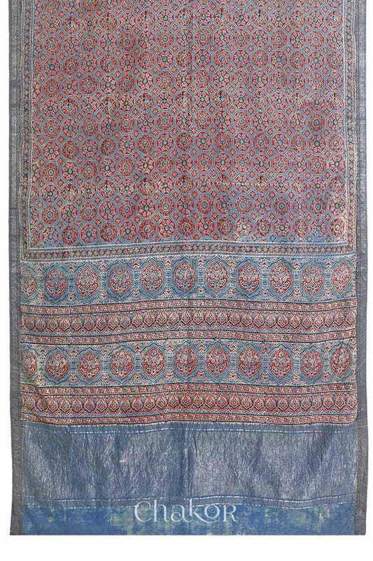 Chakor's Natural Dyed Indigo Ajrakh Printed Mangalgiri Cotton HandloomSaree.