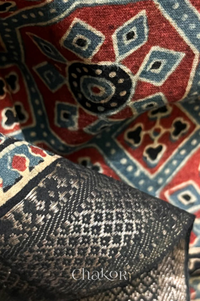 Close up of Chakor's Natural Dyed Indigo Ajrakh Printed Mangalgiri Cotton HandloomSaree.