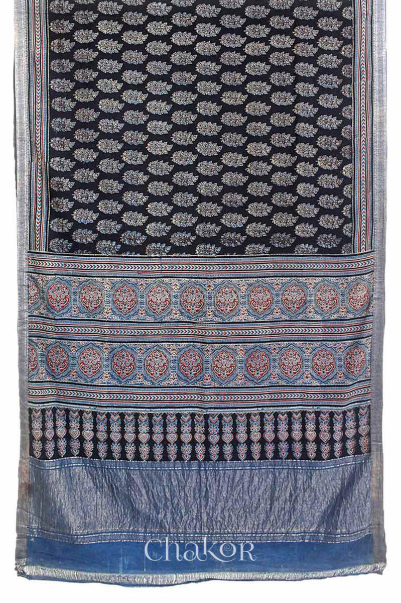Chakor's Natural Dyed Black and Indigo Ajrakh Printed Mangalgiri Cotton Handloom Saree.