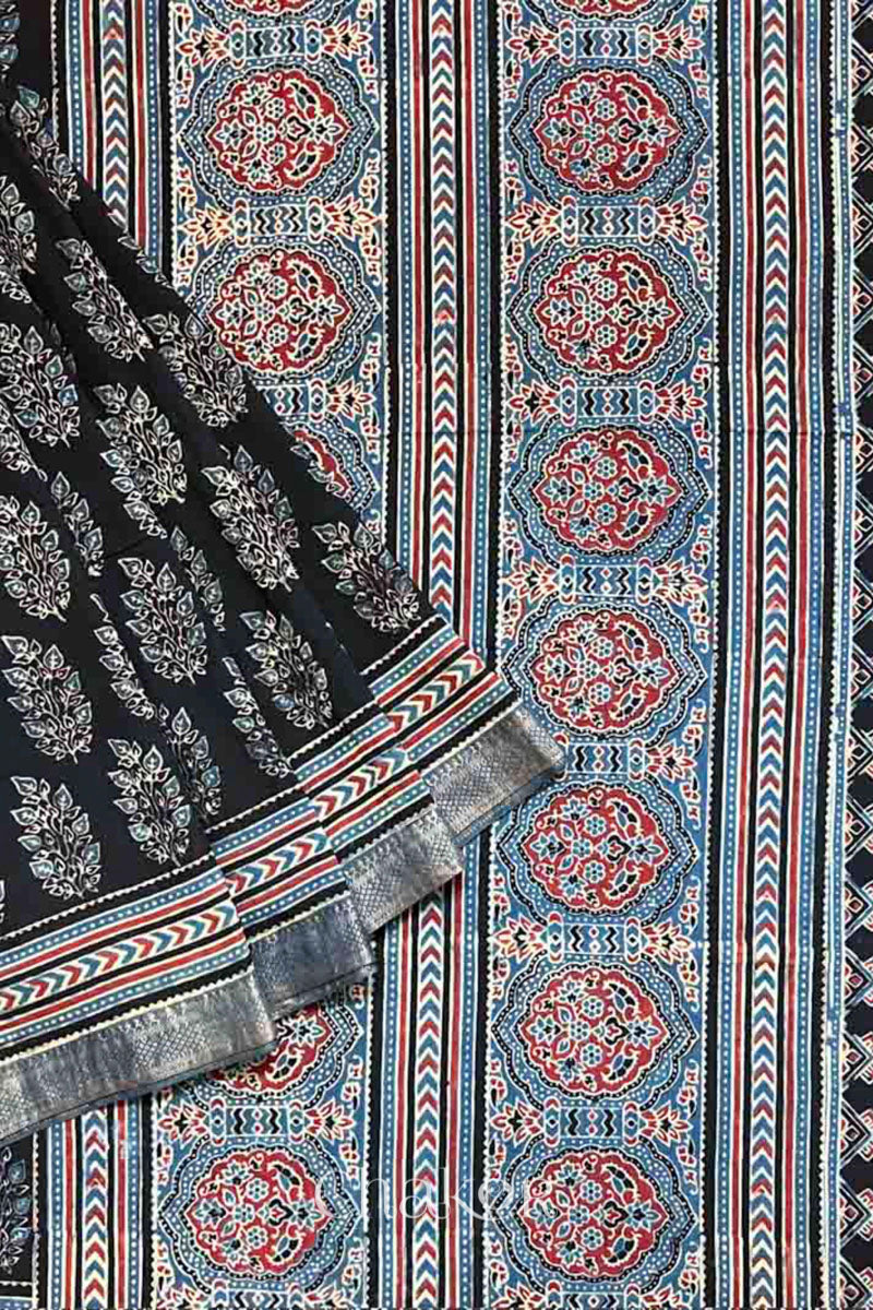 Close up of Chakor's Natural Dyed Black and Indigo Ajrakh Printed Mangalgiri Cotton Handloom Saree.
