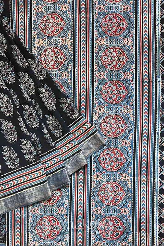 Close up of Chakor's Natural Dyed Black and Indigo Ajrakh Printed Mangalgiri Cotton Handloom Saree.