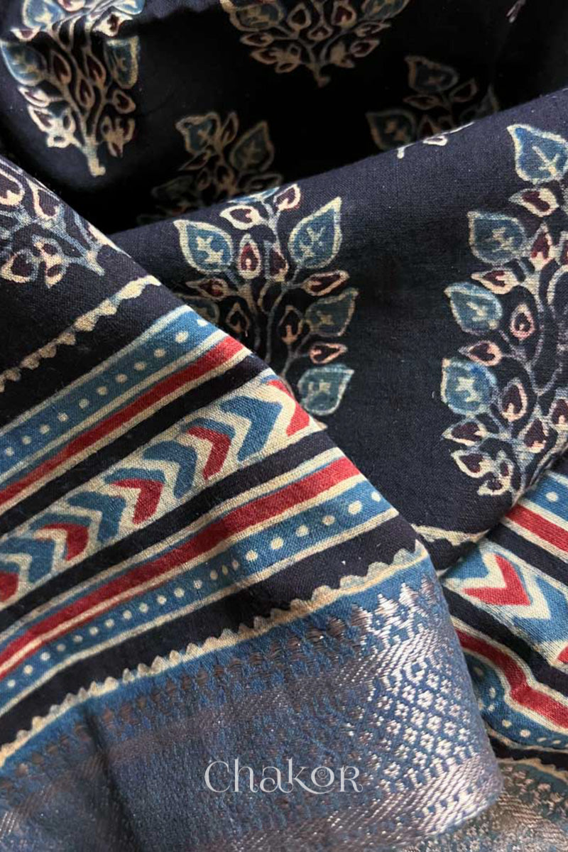 Close up of Chakor's Natural Dyed Black and Indigo Ajrakh Printed Mangalgiri Cotton Handloom Saree.
