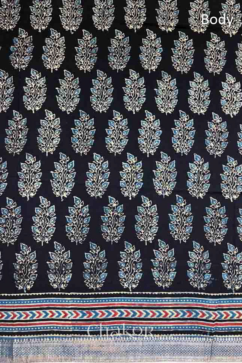 Close up of Chakor's Natural Dyed Black and Indigo Ajrakh Printed Mangalgiri Cotton Handloom Saree.