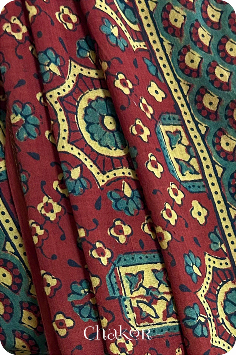 Natural Dyed Red Traditional Ajrakh Mangalgiri Cotton Dupatta with tassels from Chakor.