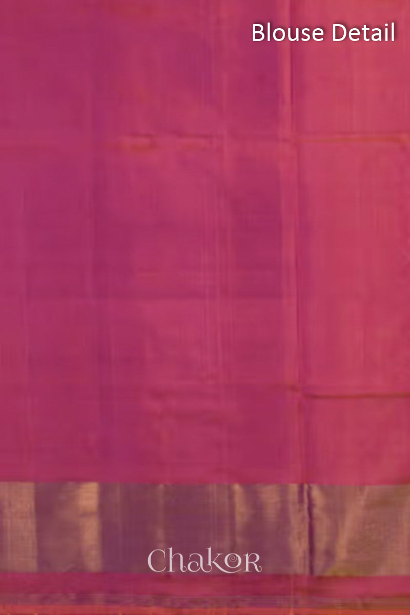 Blouse material of Handloom Pink Rajkoti Patola Ikat Mulberry Silk Saree with tissue borders, and mauve pallu woven using traditional designs in Gujarat.