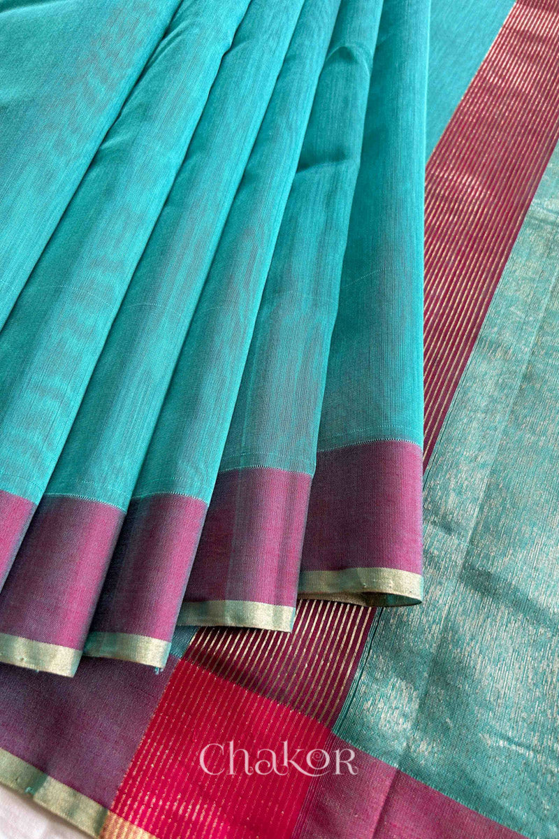 Detail of Ganga Jamuna borders woven with zari of Handloom Sea Blue Chanderi silk cotton saree.
