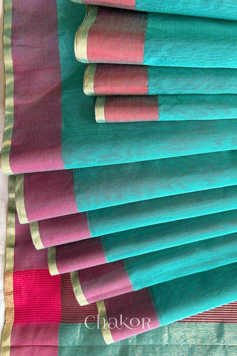 Detail of Ganga Jamuna borders woven with zari on a Sea Blue Chanderi silk cotton saree.
