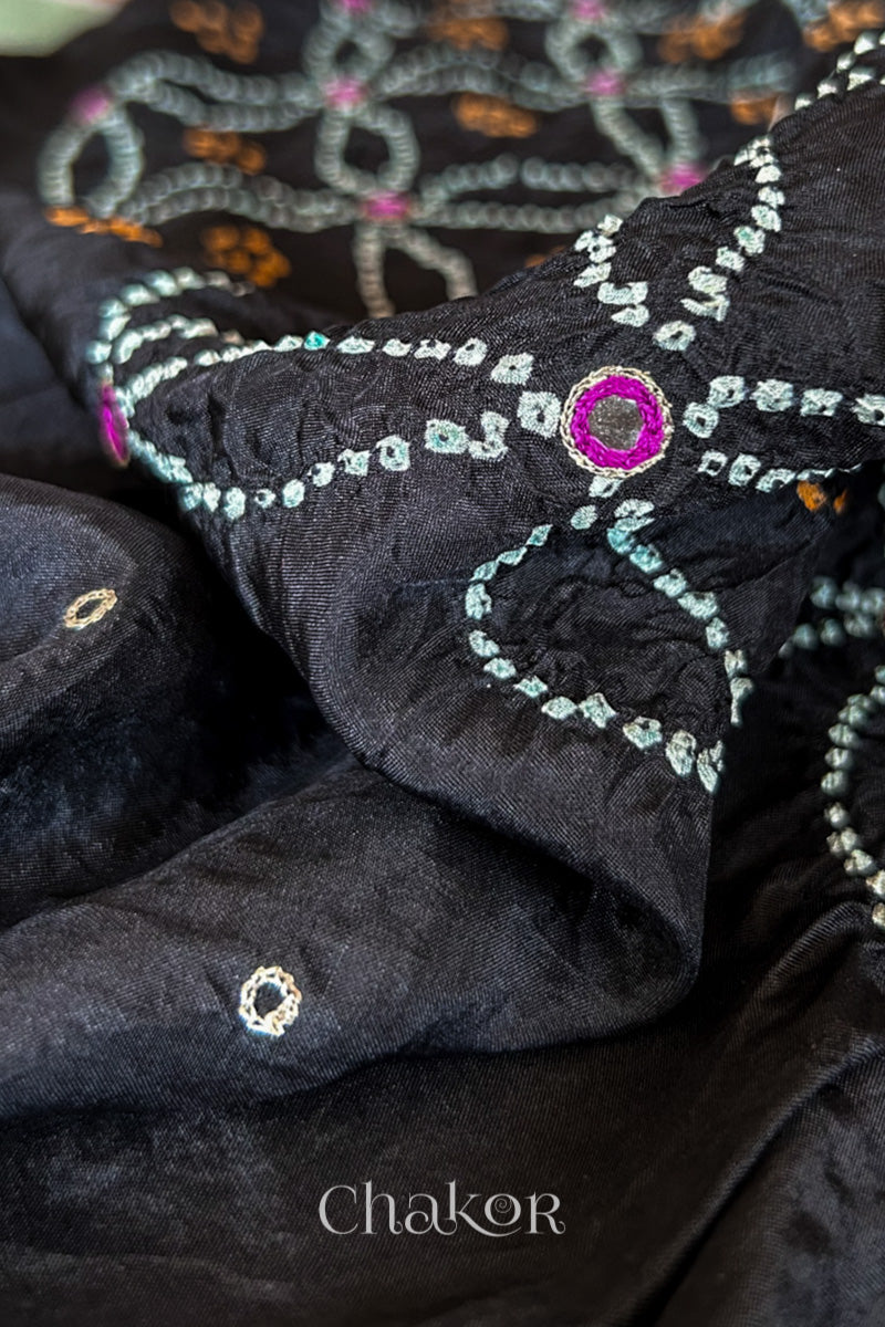 Black Bandhani Mulberry Silk Saree