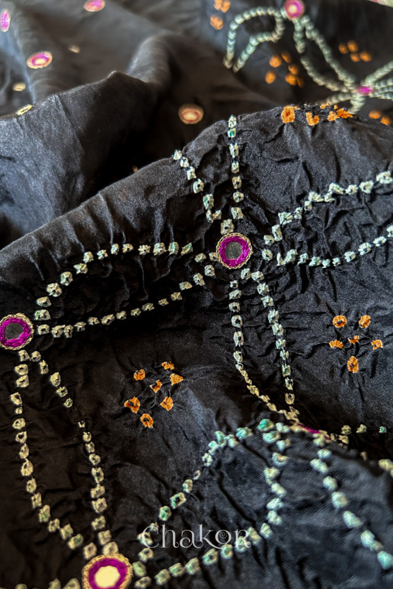 Black Bandhani Mulberry Silk Saree