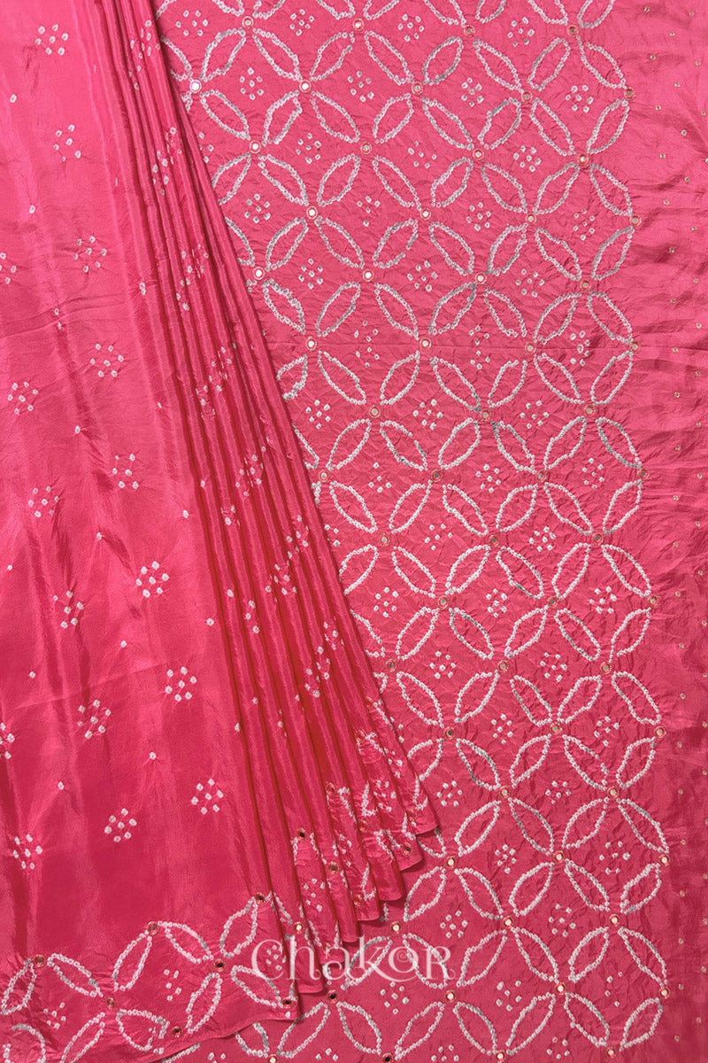 Pleated view of Strawberry Pink Bandhani Mulberry Silk Saree with mirror embroidery.