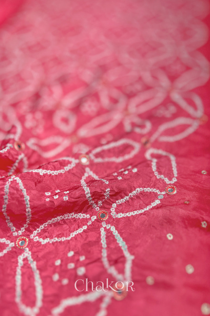 Close up of Strawberry Pink Bandhani Mulberry Silk Saree with mirror embroidery.