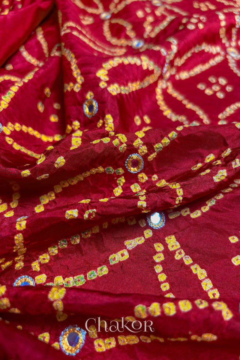 Pleated view of Red Bandhani Mulberry Silk Saree handcrafted with yellow bandhej dots and mirror embroidery.